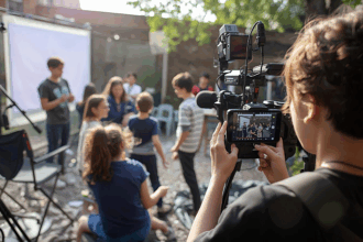 Workshopsszene Schülerinnen und Schüler erarbeiten einen eigenen Film an einem Filmset