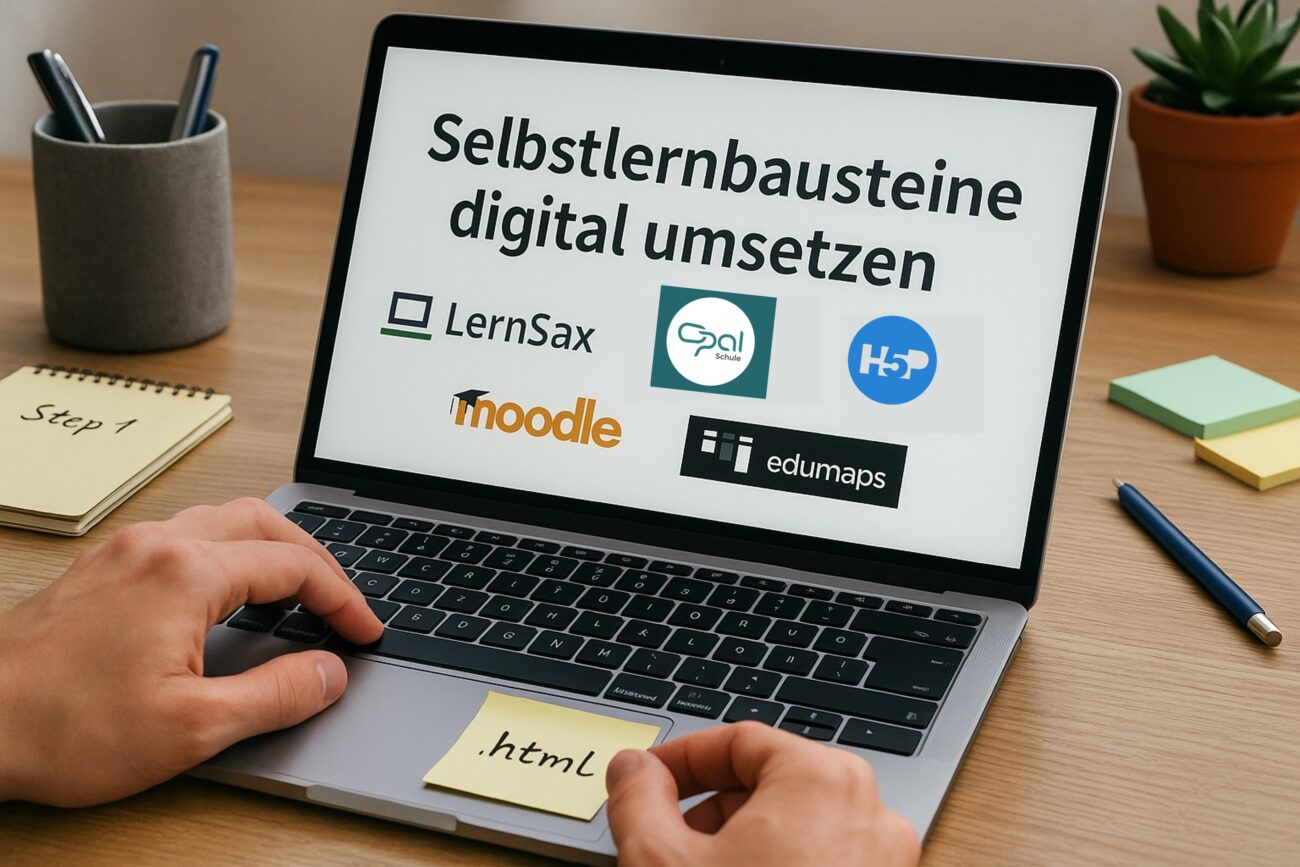 Symbolbild für eine Fortbildung Selbstlernbausteine digital zu gestalten. Es zeigt einen Computer mit den entsprechenden Anwendungen für die Umsetzung.