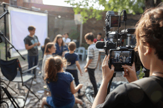 Workshopsszene Schülerinnen und Schüler erarbeiten einen eigenen Film an einem Filmset
